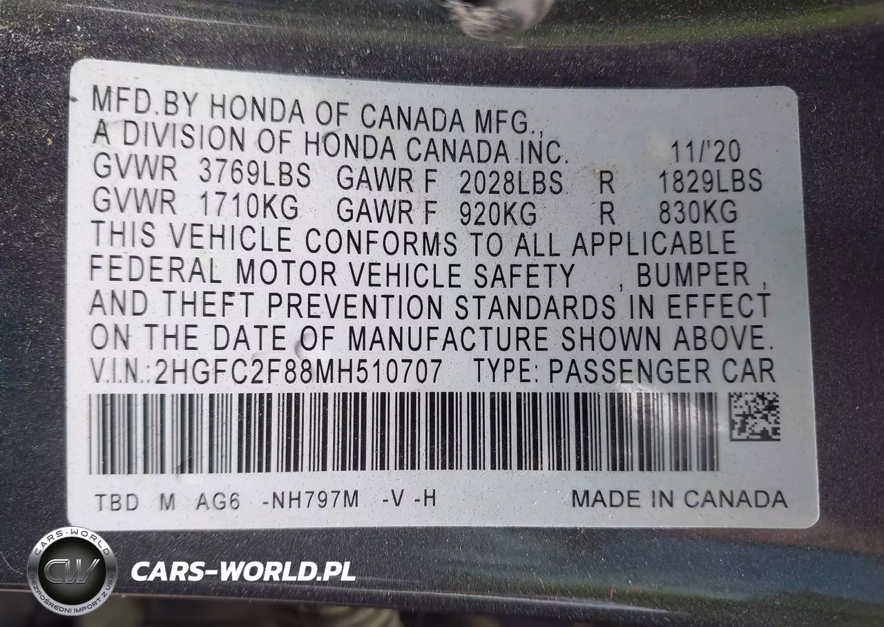 2021 Honda Civic Sport VIN:2HGFC2F88MH510707 - 9