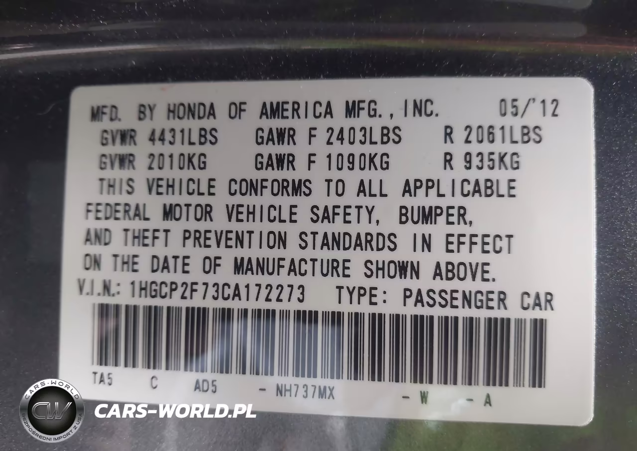 2012 Honda Accord 2.4 Ex VIN:1HGCP2F73CA172273 - 9