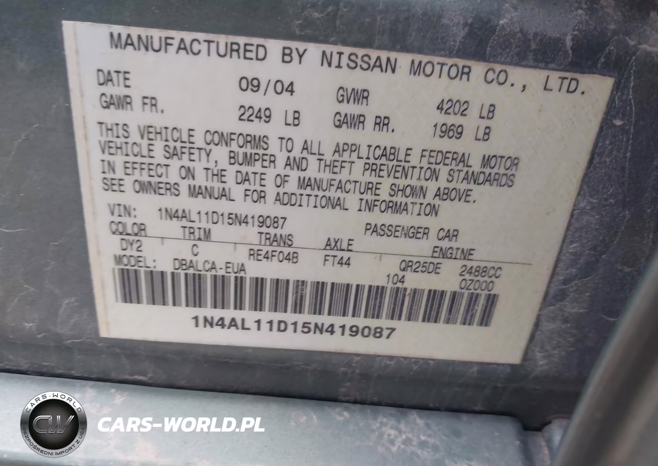 2005 Nissan Altima 2.5 S VIN:1N4AL11D15N419087 - 9
