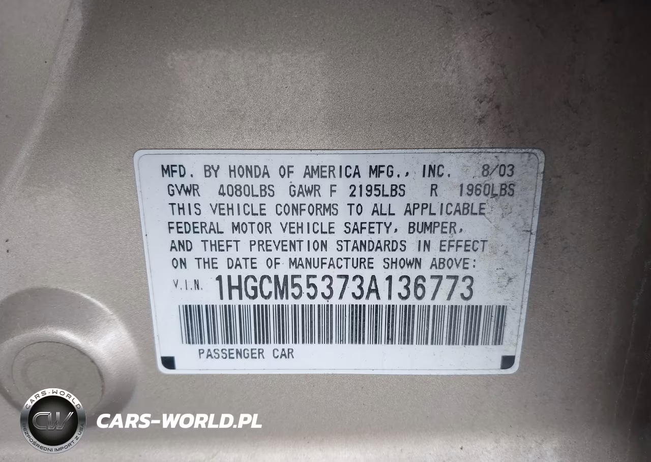 2003 Honda Accord 2.4 Lx VIN:1HGCM55373A136773 - 9