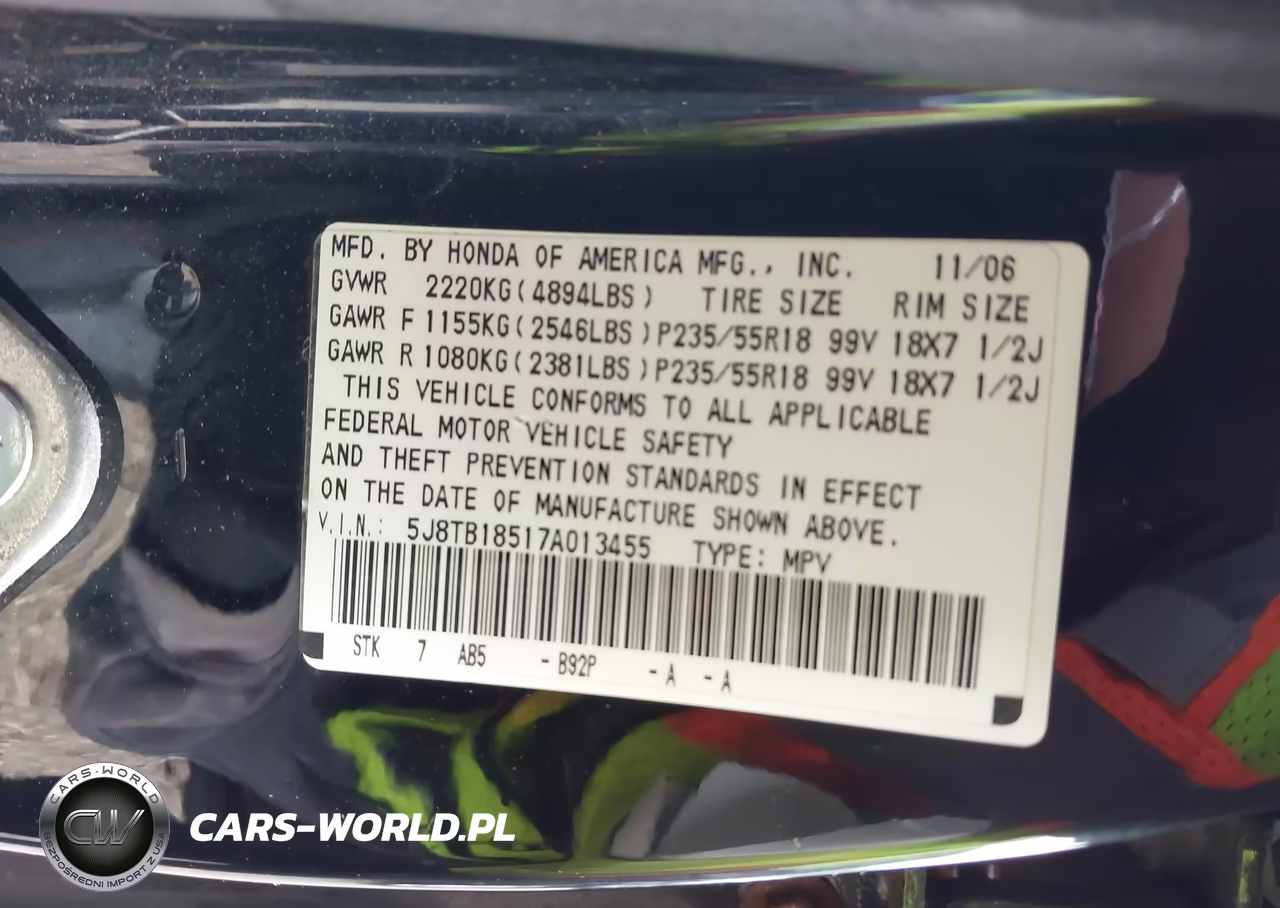 2007 Acura Rdx VIN:5J8TB18517A013455 - 9