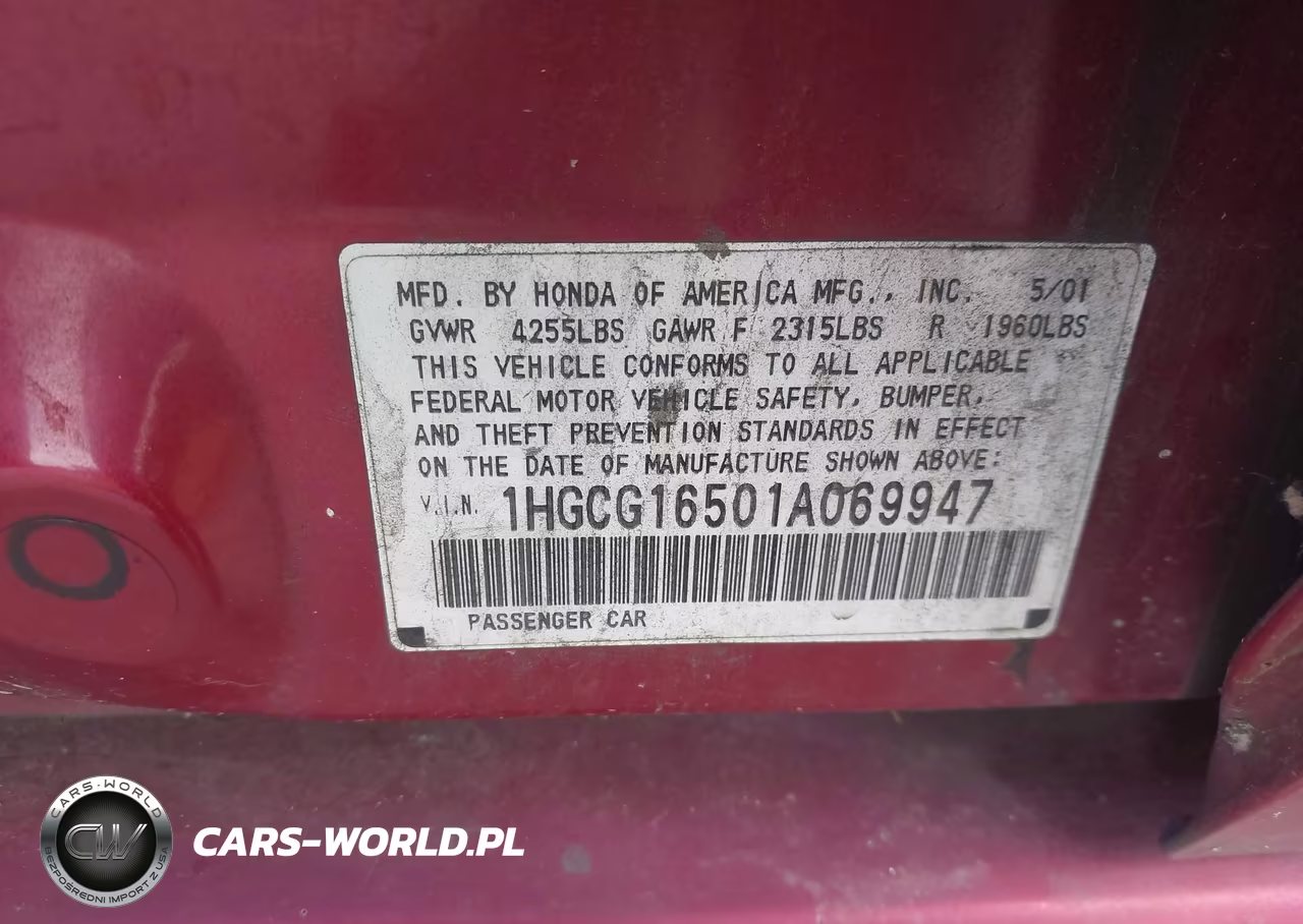 2001 Honda Accord 3.0 Ex VIN:1HGCG16501A069947 - 9