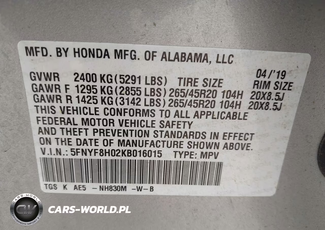 2019 Honda Passport Elite VIN:5FNYF8H02KB016015 - 9