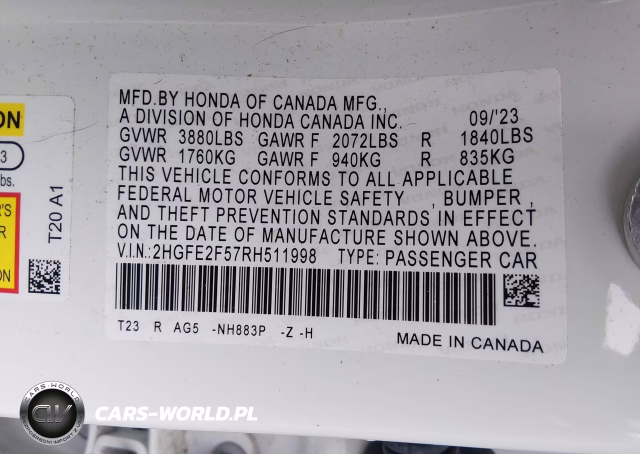 2024 Honda Civic Sport VIN:2HGFE2F57RH511998 - 9
