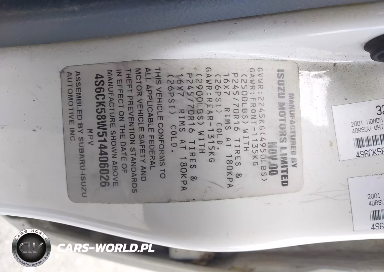 2001 Honda Passport Ex-Lx VIN:4S6CK58W514406026 - 9