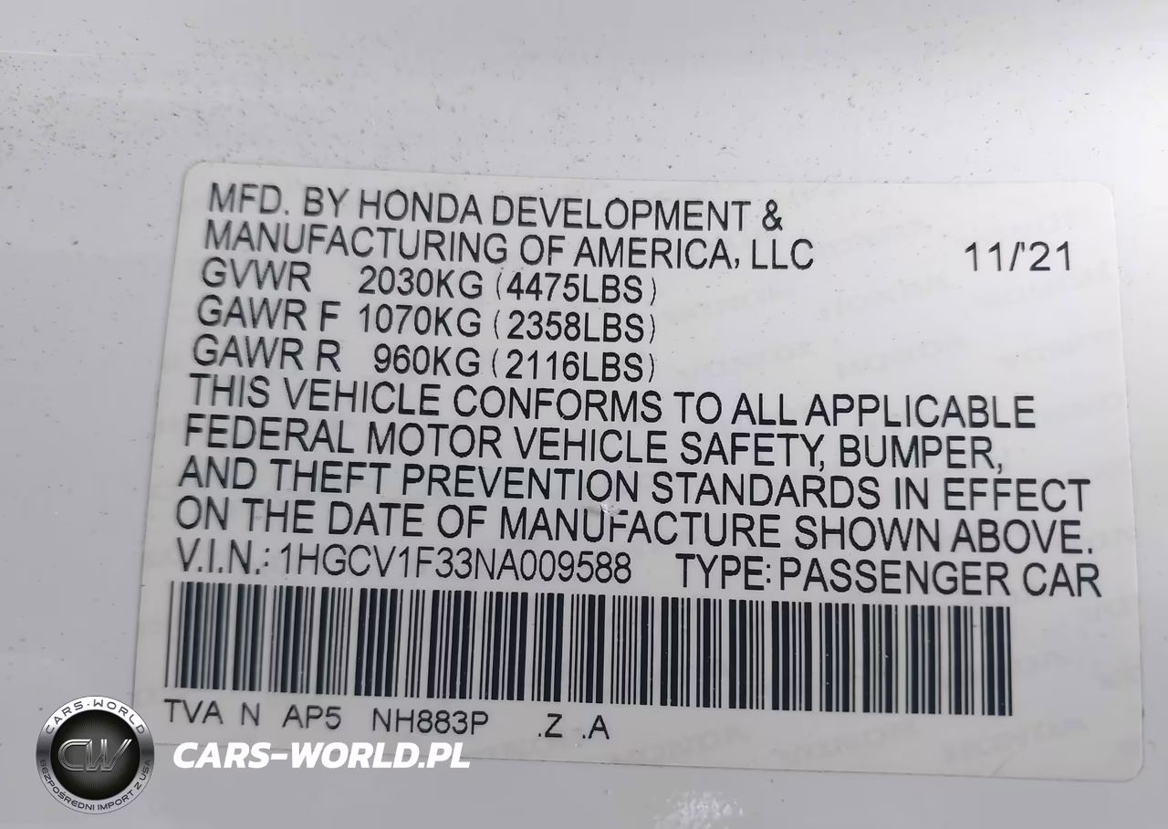2022 Honda Accord Sport VIN:1HGCV1F33NA009588 - 9