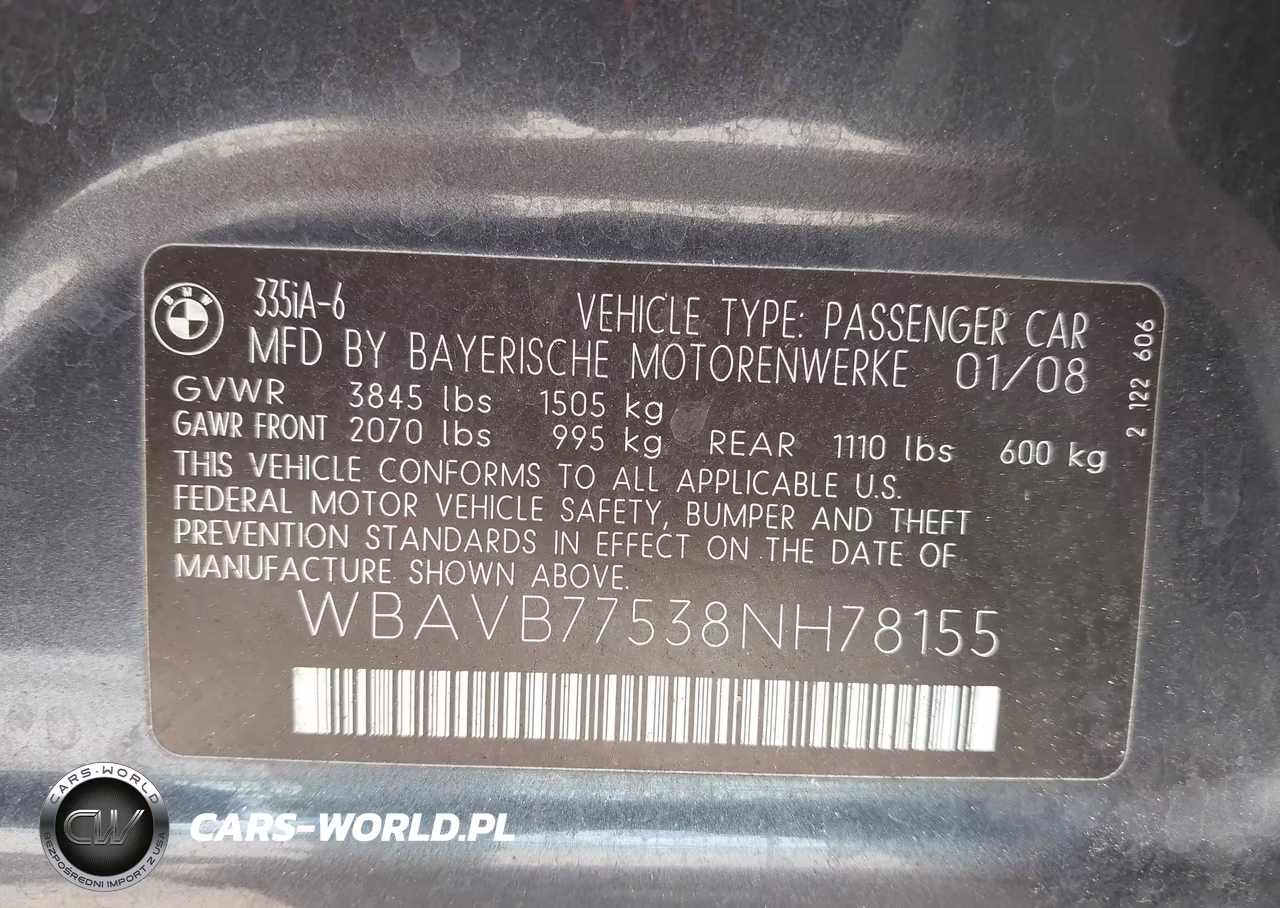 2008 BMW 335I VIN:WBAVB77538NH78155 - 9