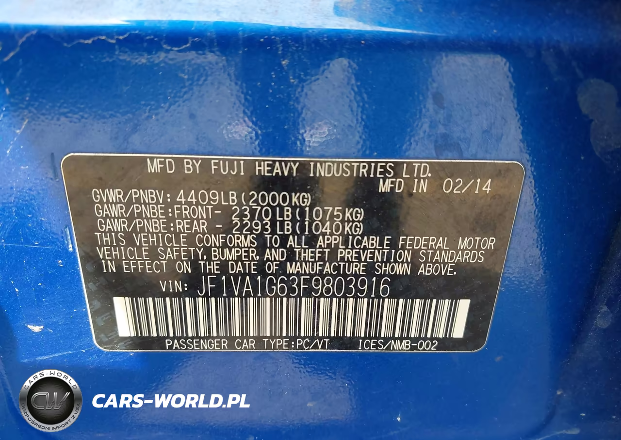 2015 Subaru Wrx Limited VIN:JF1VA1G63F9803916 - 9