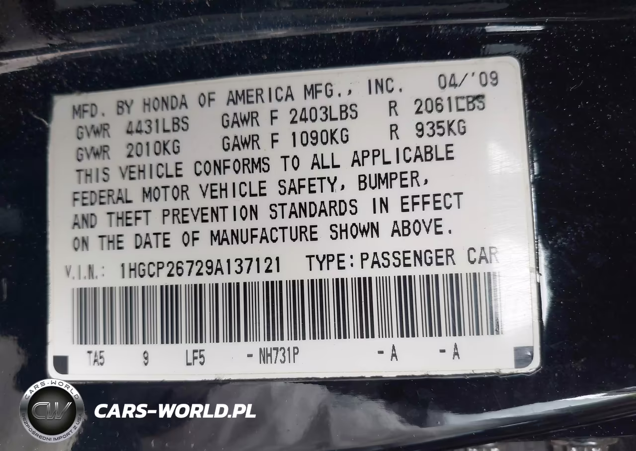2009 Honda Accord 2.4 Ex VIN:1HGCP26729A137121 - 9