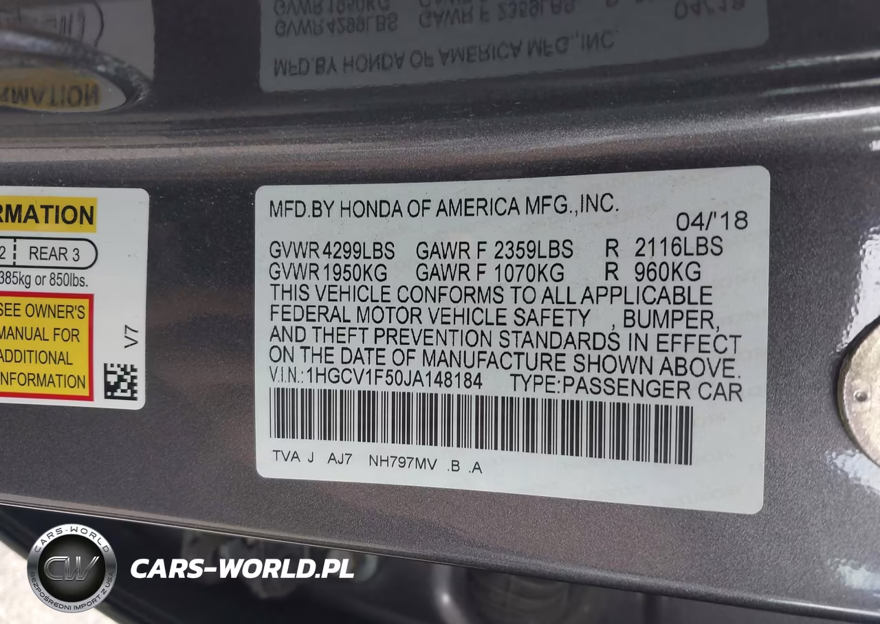 2018 Honda Accord Ex-L VIN:1HGCV1F50JA148184 - 9