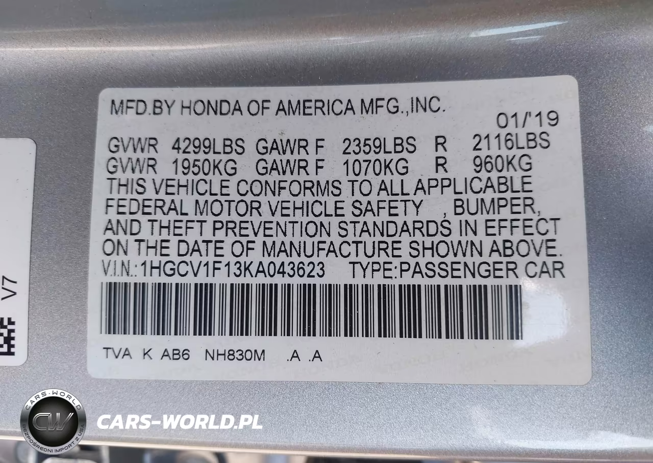 2019 Honda Accord Lx VIN:1HGCV1F13KA043623 - 9