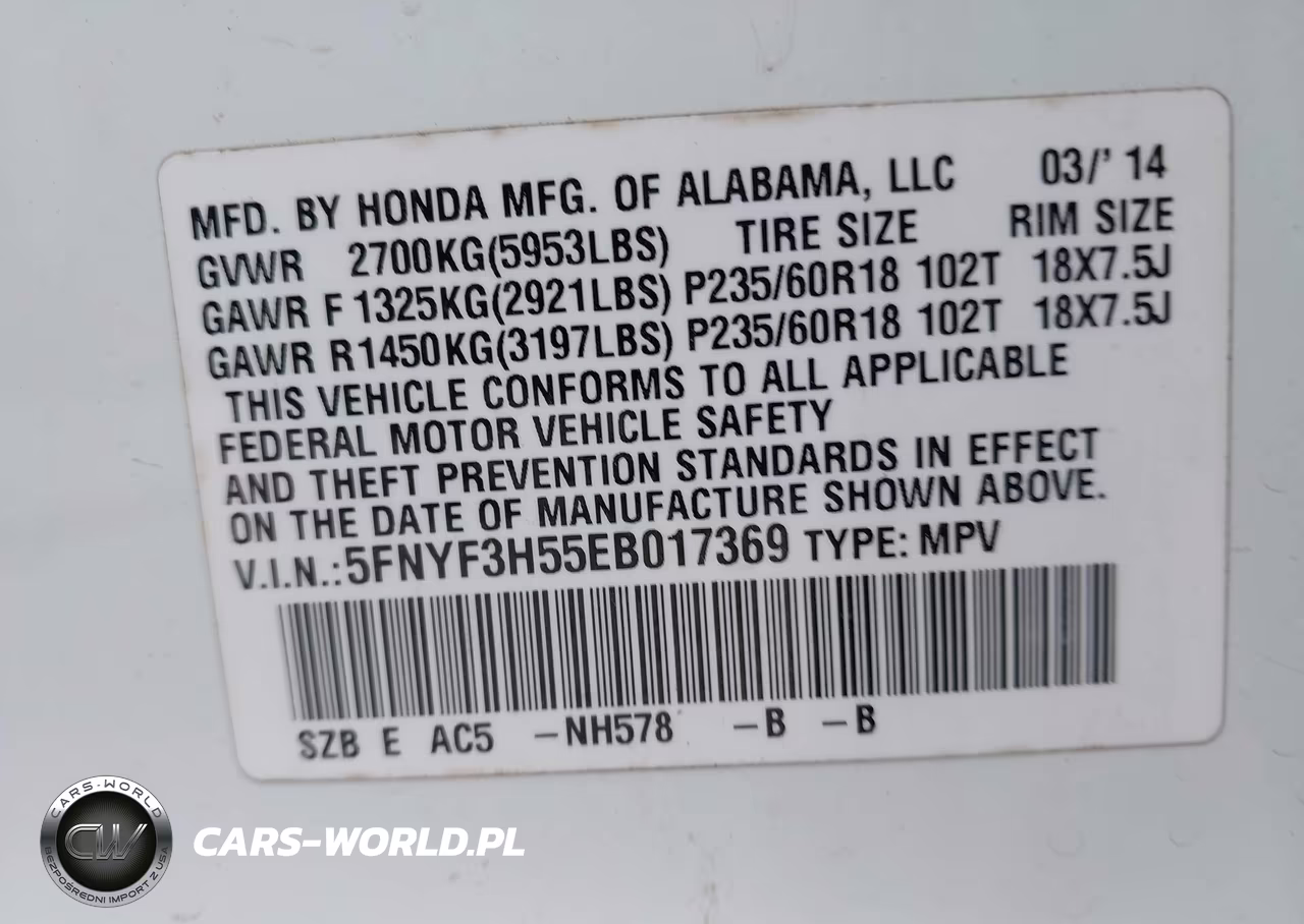 2014 Honda Pilot Ex-L VIN:5FNYF3H55EB017369 - 9