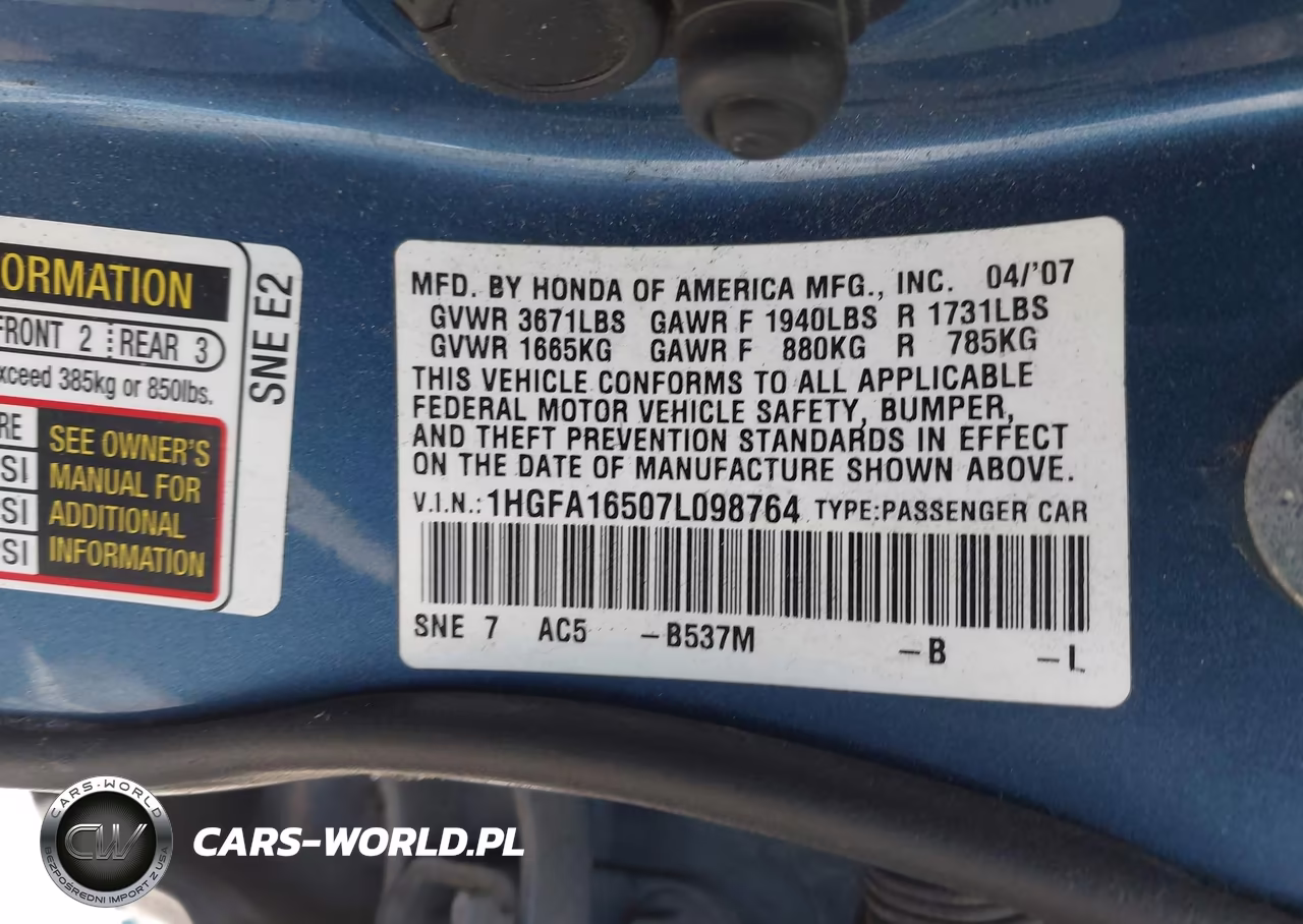 2007 Honda Civic Lx VIN:1HGFA16507L098764 - 9