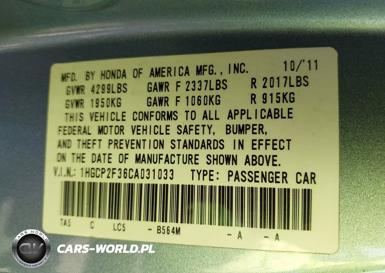 2012 Honda Accord 2.4 Lx VIN:1HGCP2F36CA031033 - 9