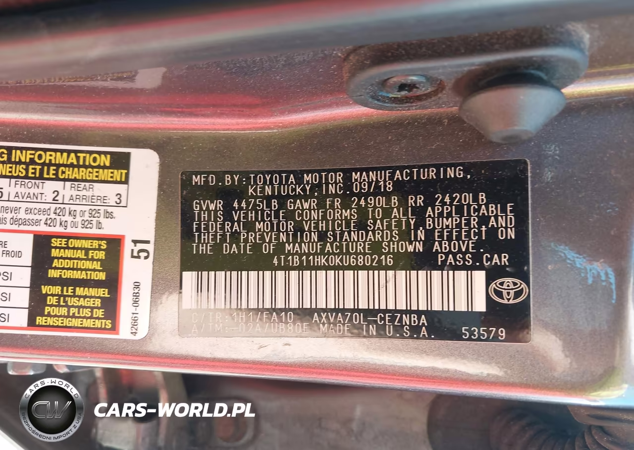 2019 Toyota Camry Le VIN:4T1B11HK0KU680216 - 9