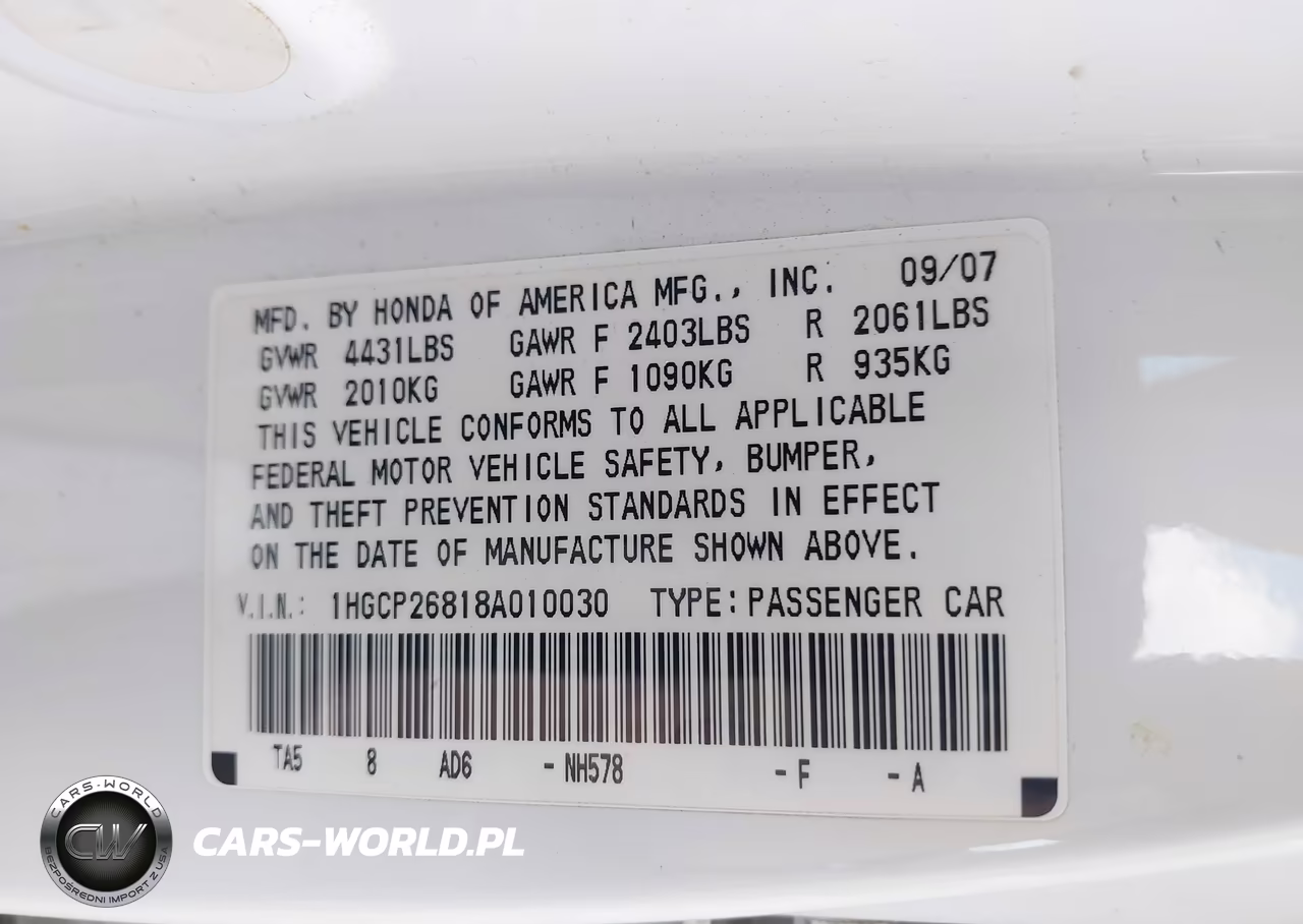 2008 Honda Accord 2.4 Ex-L VIN:1HGCP26818A010030 - 9