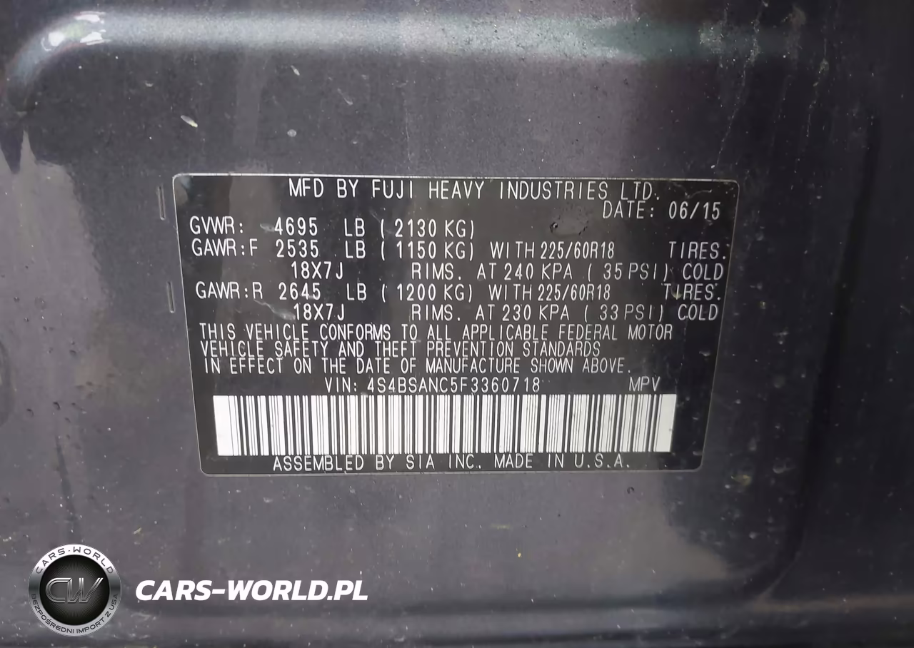 2015 Subaru Outback 2.5I Limited VIN:4S4BSANC5F3360718 - 9