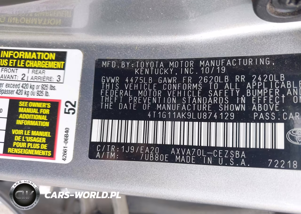2020 Toyota Camry Se VIN:4T1G11AK9LU874129 - 9