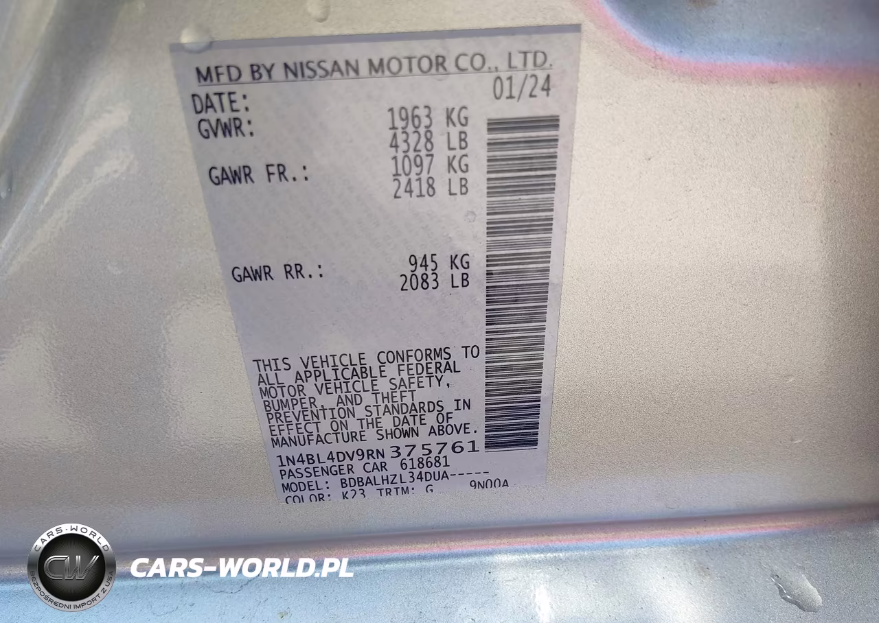 2024 Nissan Altima Sv Fwd VIN:1N4BL4DV9RN375761 - 9