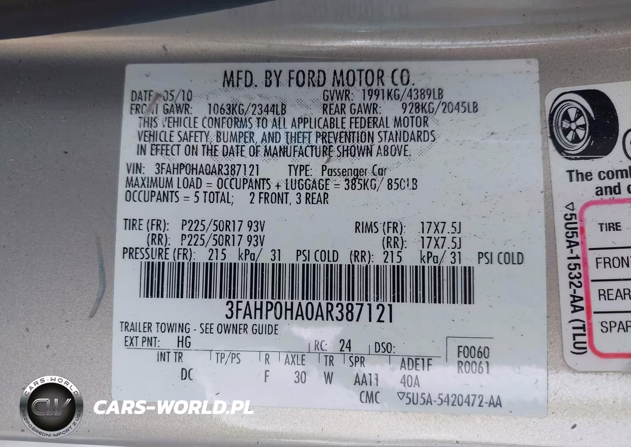 2010 Ford Fusion Se VIN:3FAHP0HA0AR387121 - 9