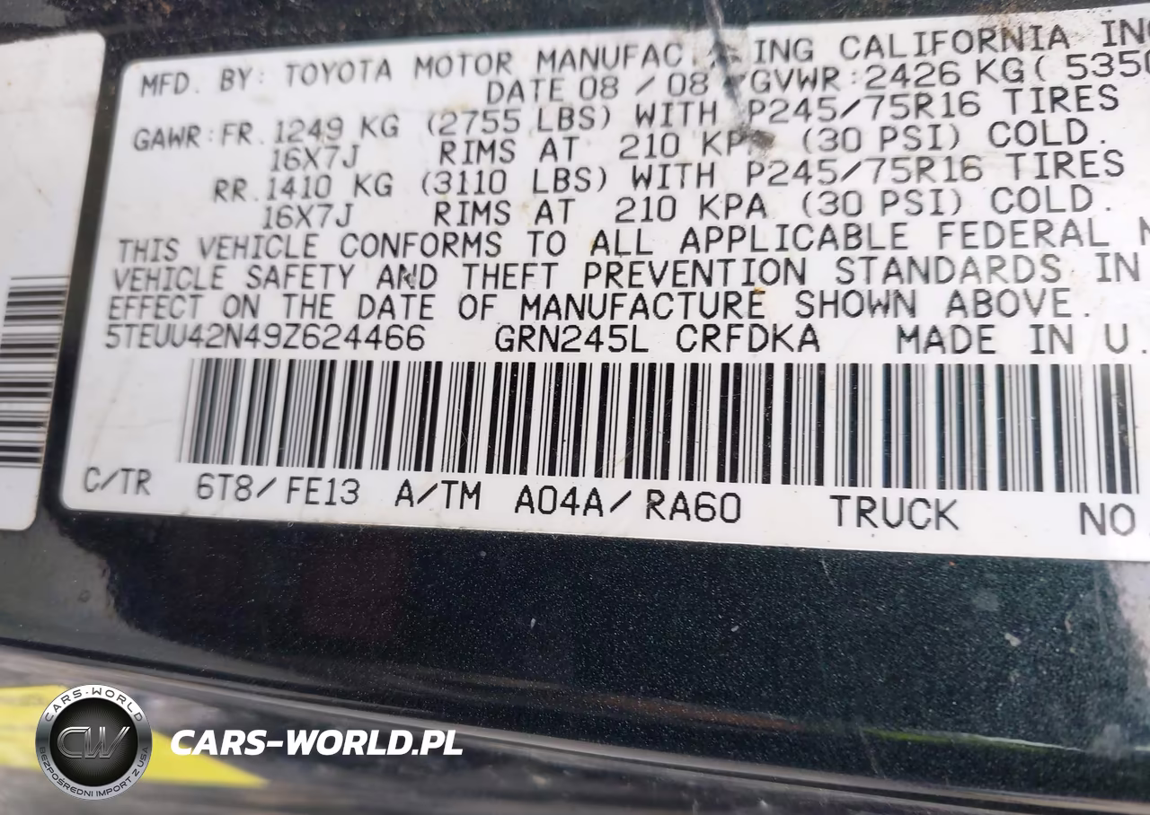 2009 Toyota Tacoma Base V6 VIN:5TEUU42N49Z624466 - 9