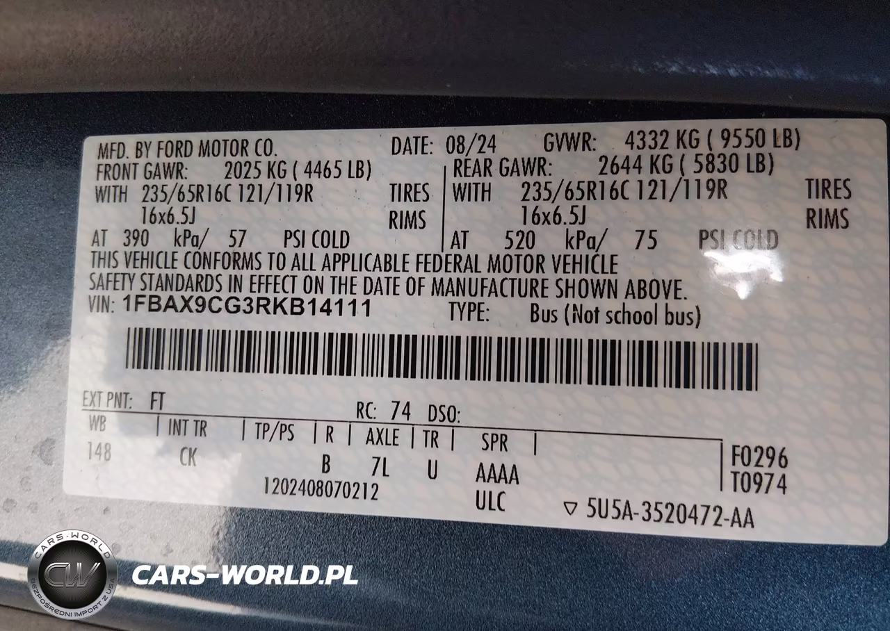 2024 Ford Transit-350 Passenger Van Xlt VIN:1FBAX9CG3RKB14111 - 9
