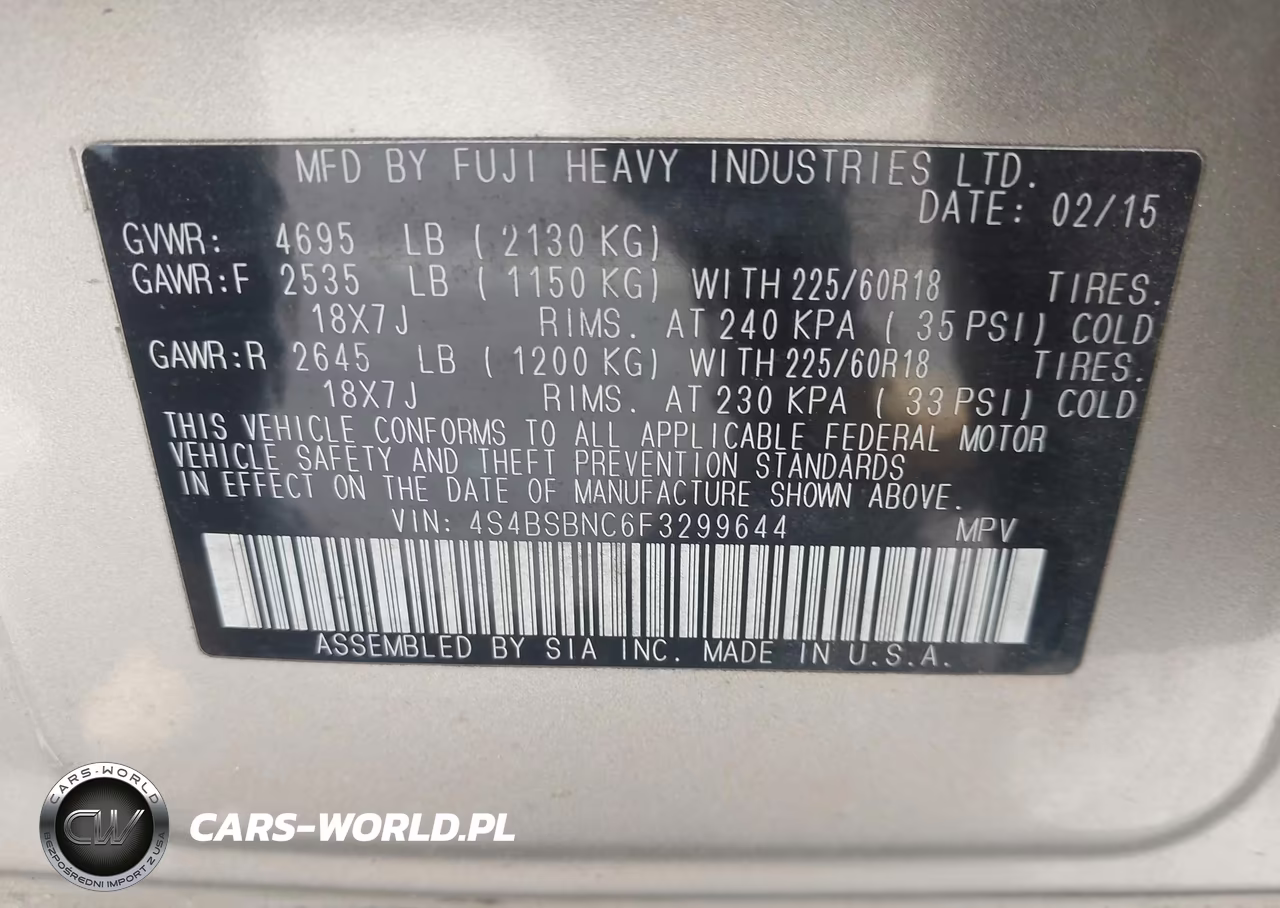 2015 Subaru Outback 2.5I Limited VIN:4S4BSBNC6F3299644 - 9