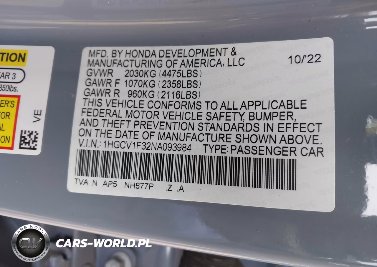 2022 Honda Accord Sport VIN:1HGCV1F32NA093984 - 9