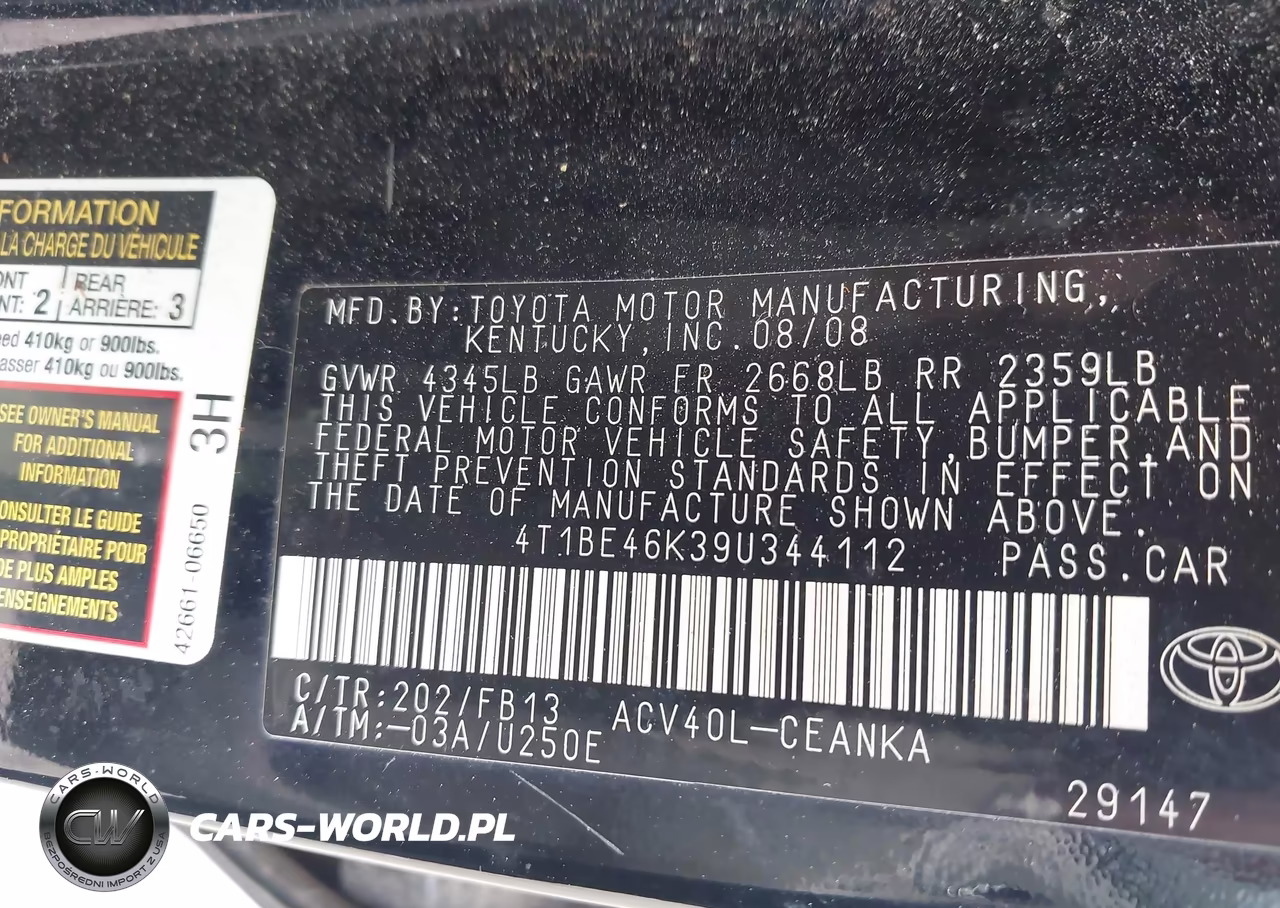 2009 Toyota Camry VIN:4T1BE46K39U344112 - 9