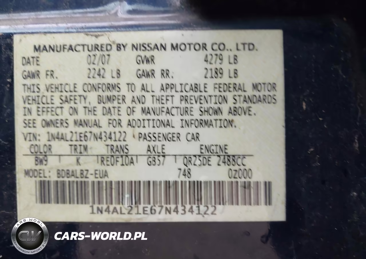 2007 Nissan Altima 2.5 S VIN:1N4AL21E67N434122 - 9