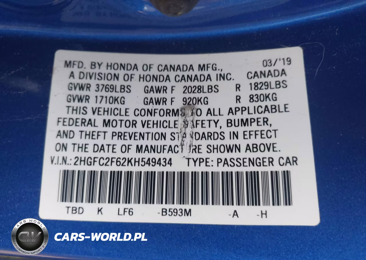 2019 Honda Civic Lx VIN:2HGFC2F62KH549434 - 9