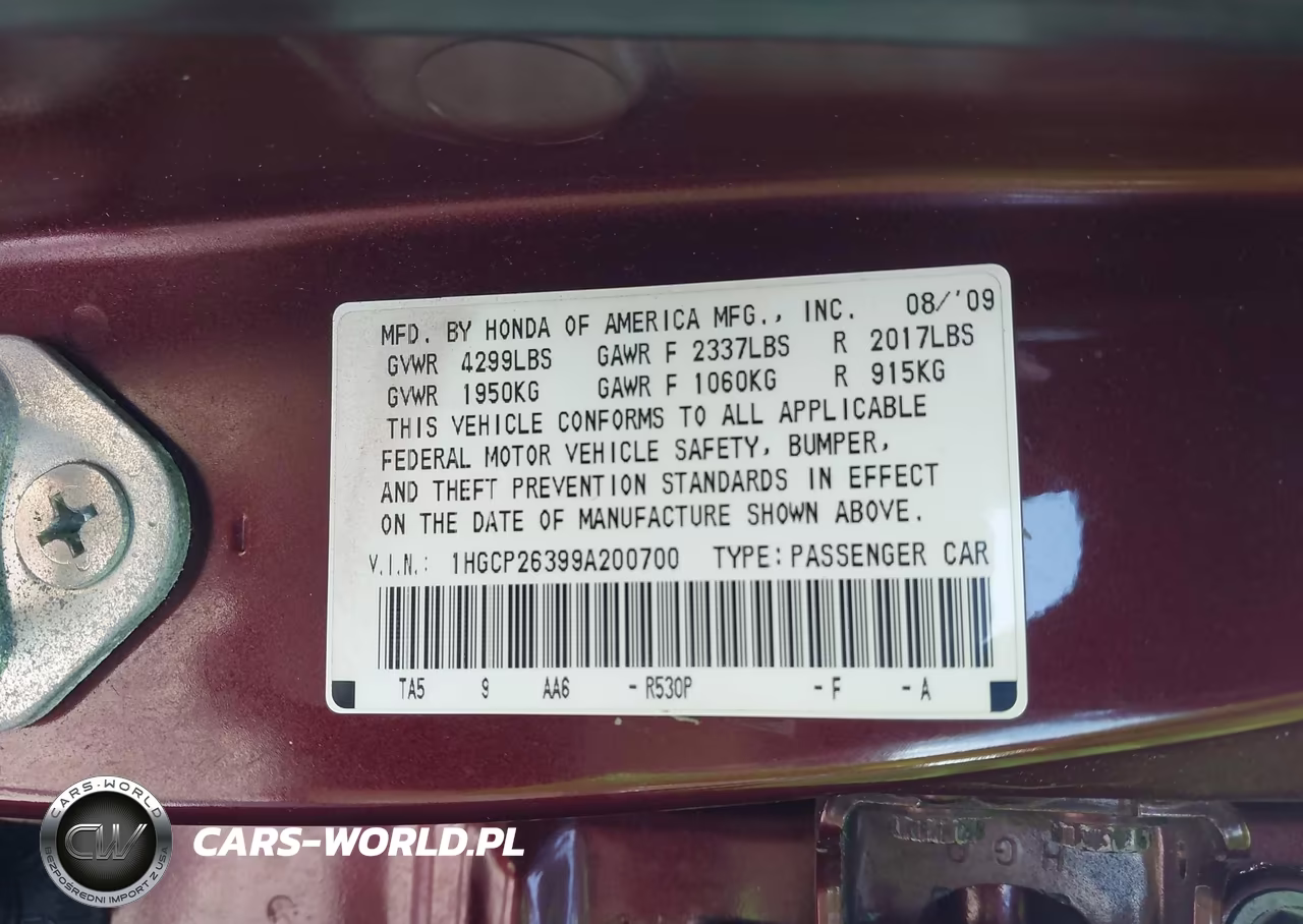 2009 Honda Accord 2.4 Lx VIN:1HGCP26399A200700 - 9