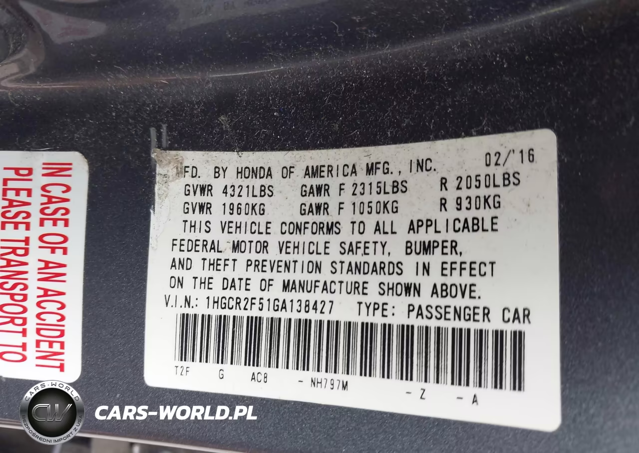 2016 Honda Accord Sport VIN:1HGCR2F51GA138427 - 9