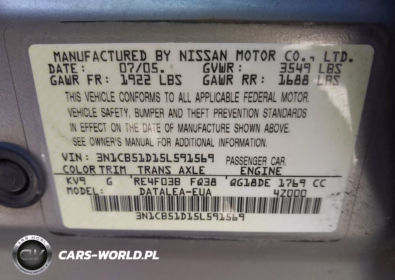 2005 Nissan Sentra 1.8S VIN:3N1CB51D15L591569 - 9