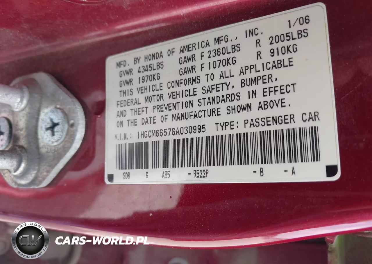 2006 Honda Accord 3.0 Ex VIN:1HGCM66576A030995 - 9