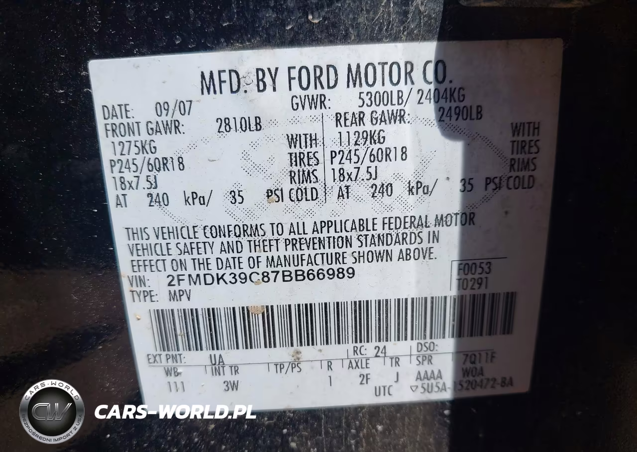 2007 Ford Edge Sel Plus VIN:2FMDK39C87BB66989 - 9