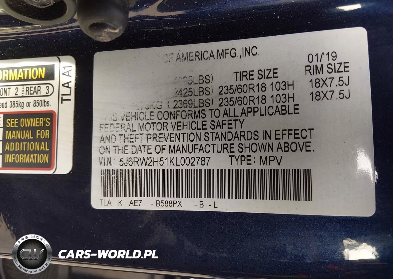2019 Honda Cr-V Ex VIN:5J6RW2H51KL002787 - 9