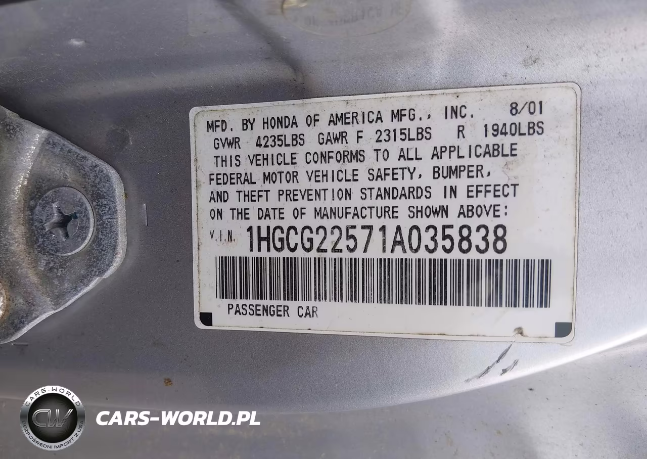 2001 Honda Accord 3.0 Ex VIN:1HGCG22571A035838 - 9