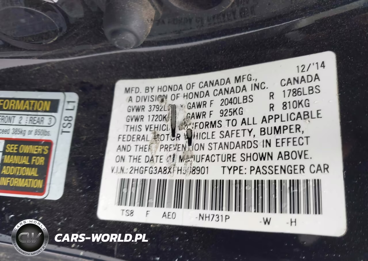 2015 Honda Civic Ex VIN:2HGFG3A8XFH508901 - 9