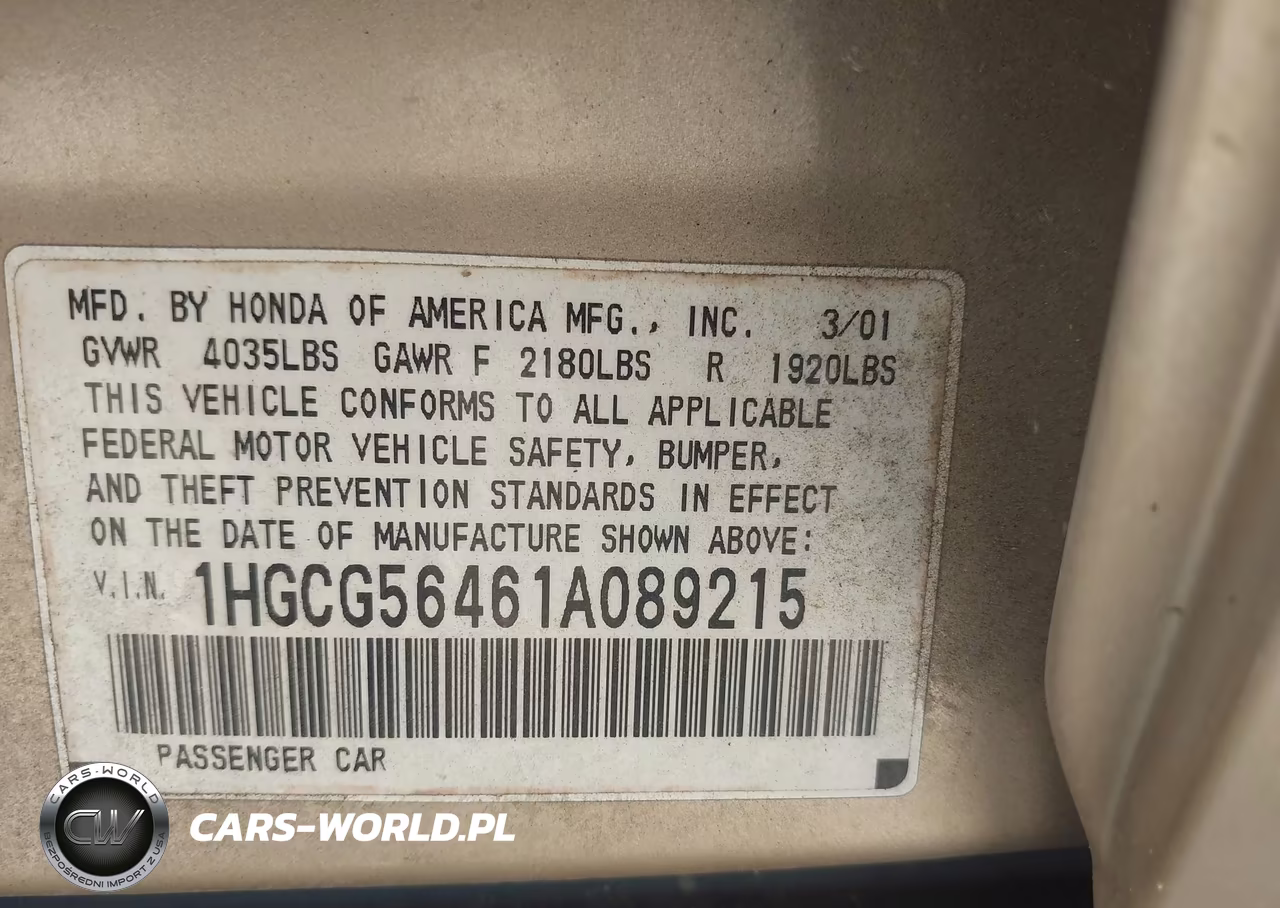 2001 Honda Accord 2.3 Lx VIN:1HGCG56461A089215 - 9