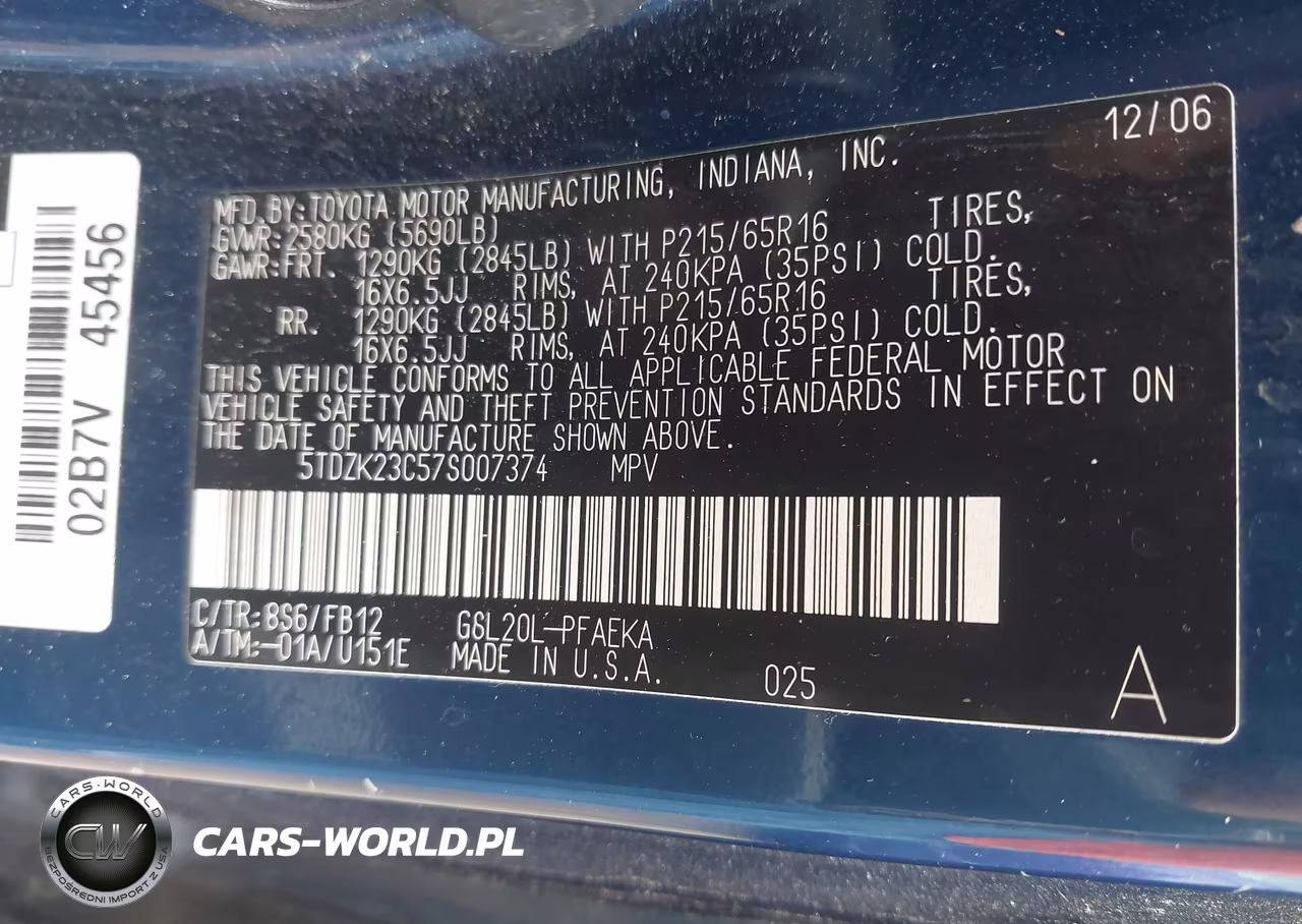 2007 Toyota Sienna Ce VIN:5TDZK23C57S007374 - 9