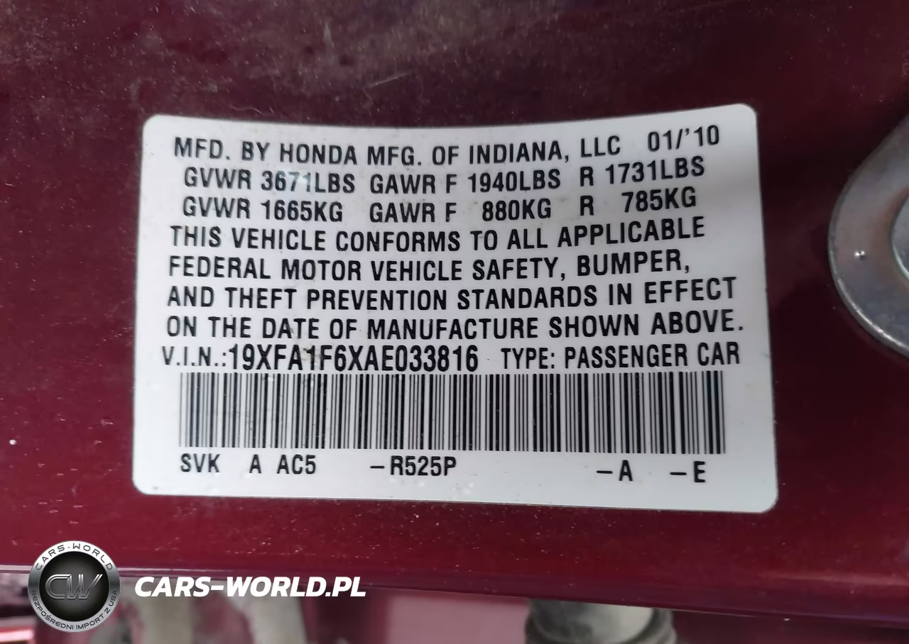 2010 Honda Civic Lx-S VIN:19XFA1F6XAE033816 - 9