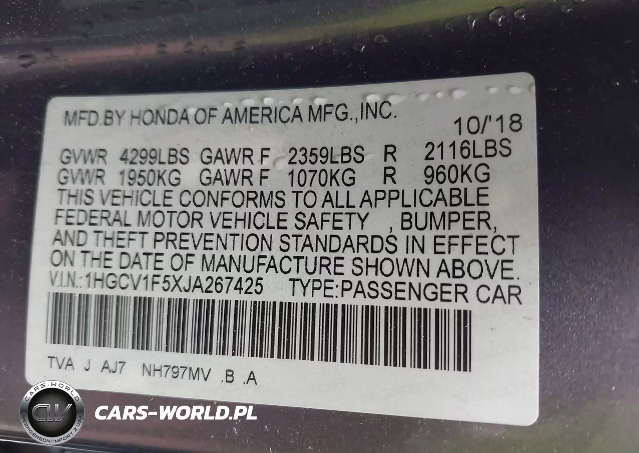 2018 Honda Accord Ex-L VIN:1HGCV1F5XJA267425 - 9