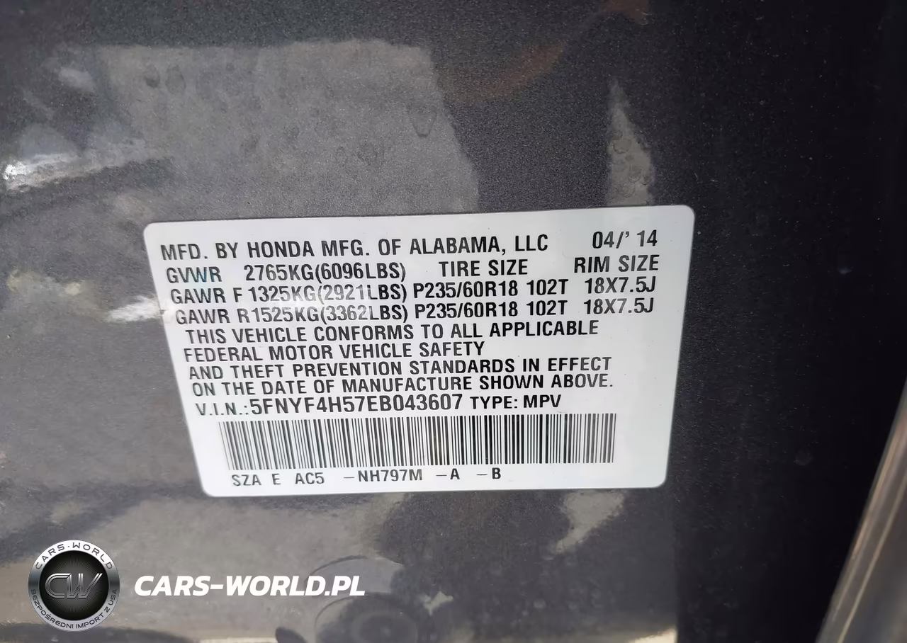 2014 Honda Pilot Ex-L VIN:5FNYF4H57EB043607 - 9