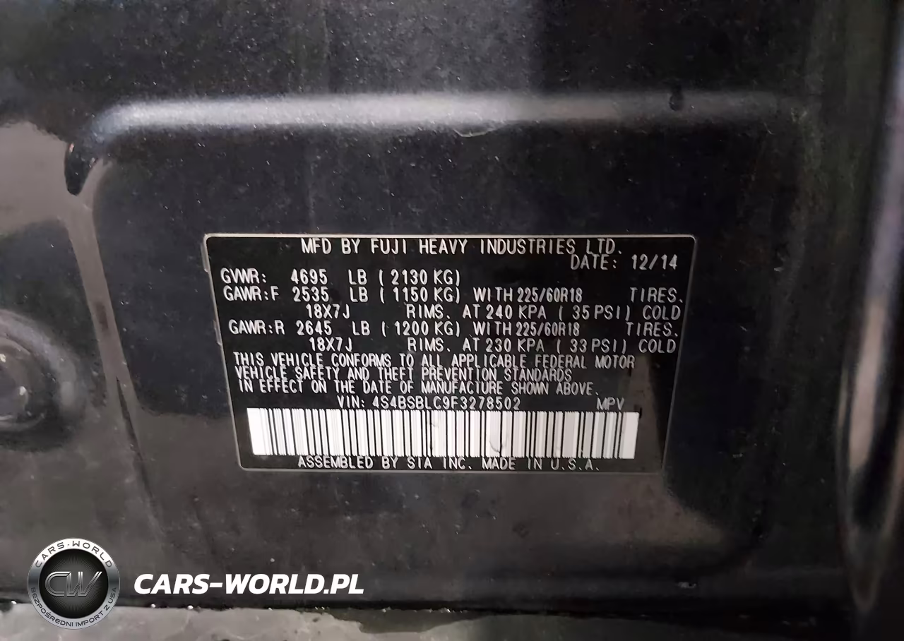 2015 Subaru Outback 2.5I Limited VIN:4S4BSBLC9F3278502 - 9