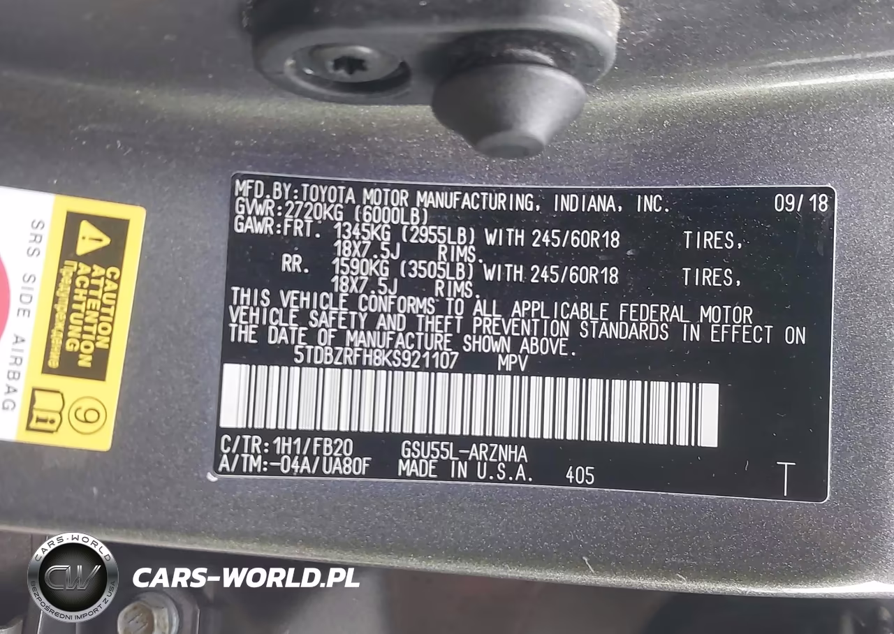 2019 Toyota Highlander Le VIN:5TDBZRFH8KS921107 - 9