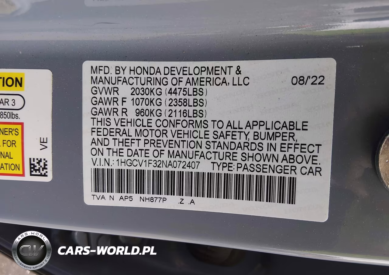 2022 Honda Accord Sport VIN:1HGCV1F32NA072407 - 9