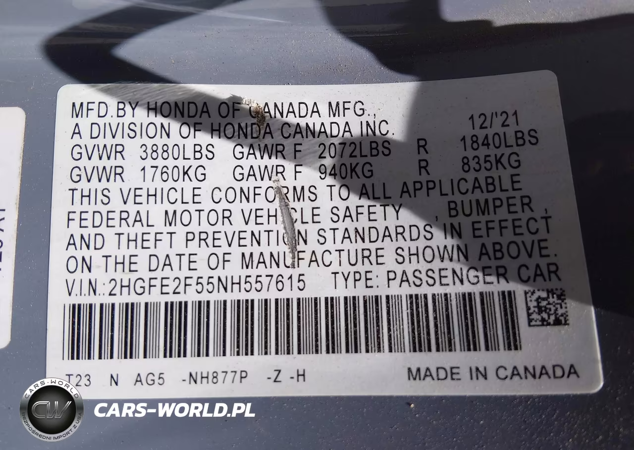 2022 Honda Civic Sport VIN:2HGFE2F55NH557615 - 9