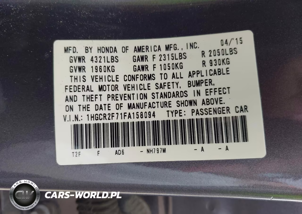 2015 Honda Accord Ex VIN:1HGCR2F71FA158094 - 9