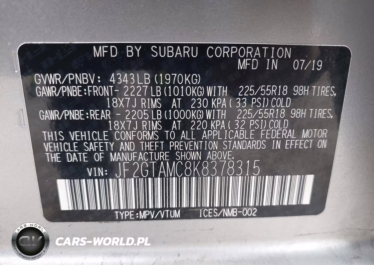 2019 Subaru Crosstrek 2.0I Limited VIN:JF2GTAMC8K8378315 - 9